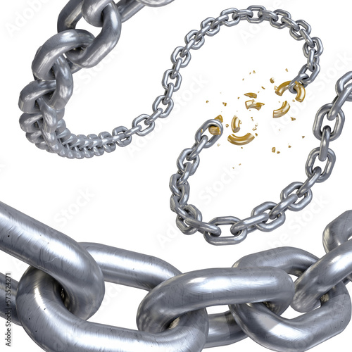 3d illustration of metal gold broken chain and gold link on isolated white background