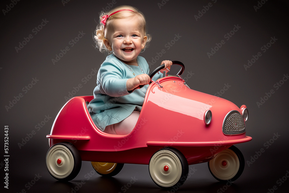 An cute smiling little baby girl drives a little pedal red car - AI generative