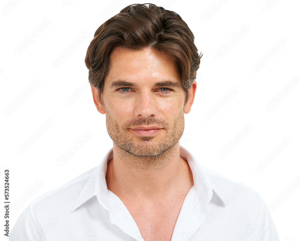 Obraz premium A young stylish masculine male model or sexy handsome young man in a fashionable shirt posing or promoting an advertising agency or clothing brand in a trendy shirt isolated on a png background.