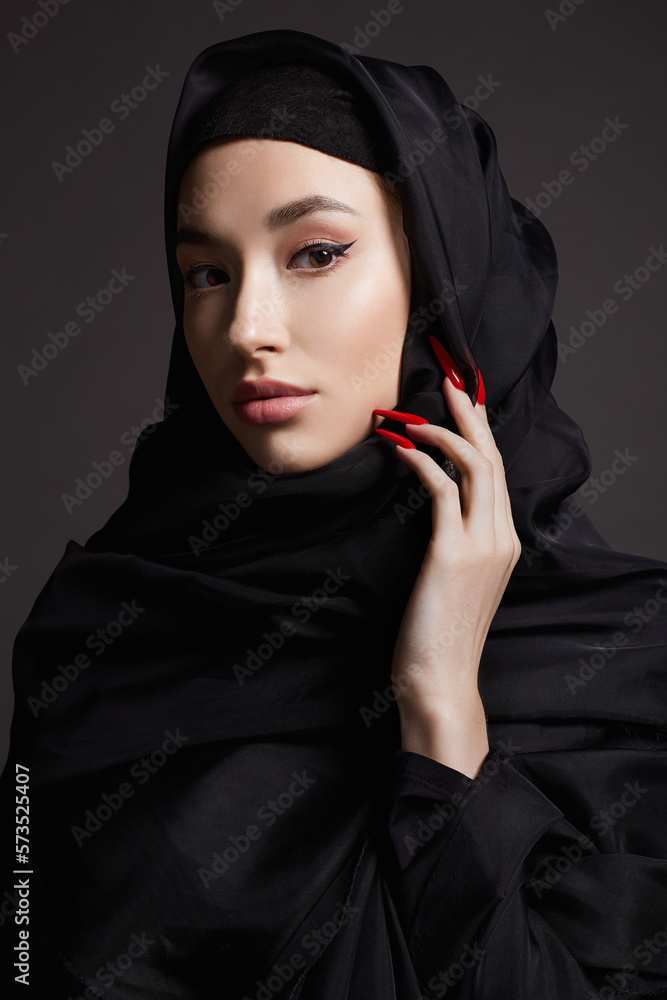 beautiful islamic young woman with long Nails. beauty girl in hijab beautiful islamic young woman with long Nails. beauty girl in hijab