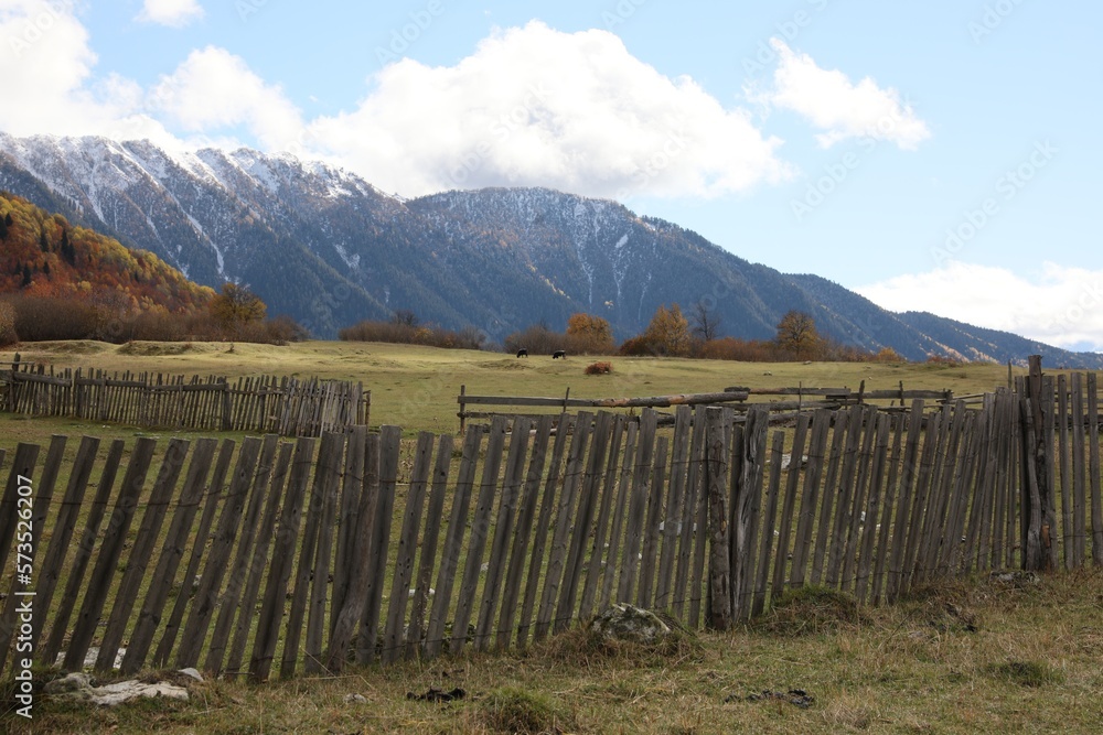 Picturesque view of fence in mountains with forest on autumn day