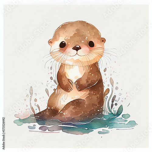 Cute otter watercolor illustration,fluffy little baby Sea Otter Enhydra lutris character in nature sitting in water. Kawaii cub animal watercolour drawing for kid book. Hand drawn otter color graphic