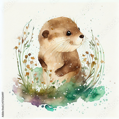 Cute baby otter character in wild nature watercolor drawing. Funny fluffy little Sea Otter Enhydra lutris with flowers on Summer landscape. Kawaii cub animal watercolour drawn water wildlife creature