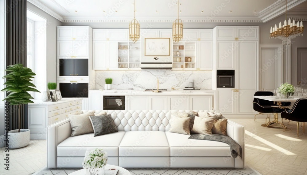 Fototapeta premium Kitchen interior, open plan interior, generative ai