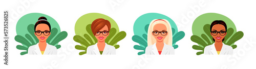 Women doctors or nurses. Female medical staff in hospital or clinic. Avatars of professional medics, girls in white uniform and glasses with plant leaves on background, vector cartoon illustration