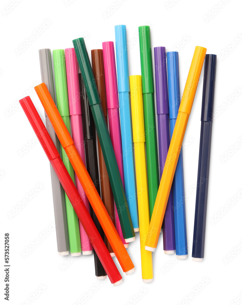 Many bright markers isolated on white, top view Many bright markers isolated on white, top view