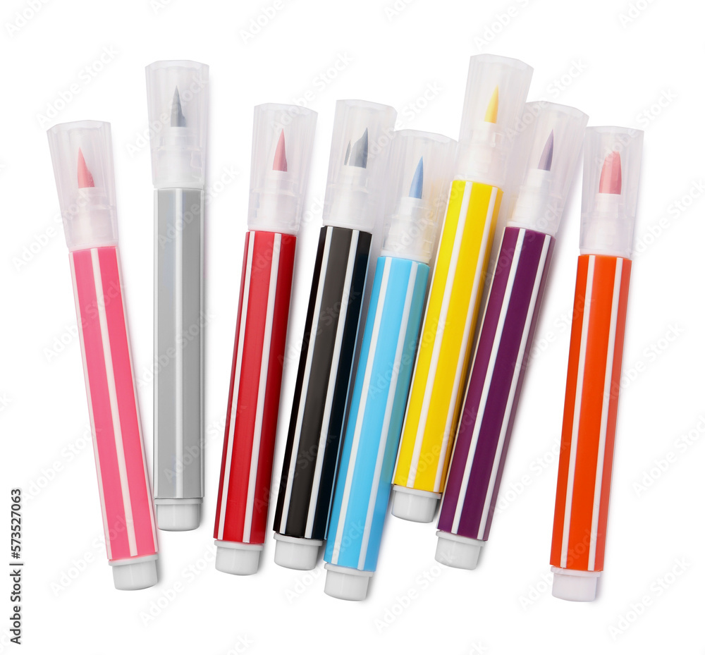 Many bright markers isolated on white, top view Many bright markers isolated on white, top view