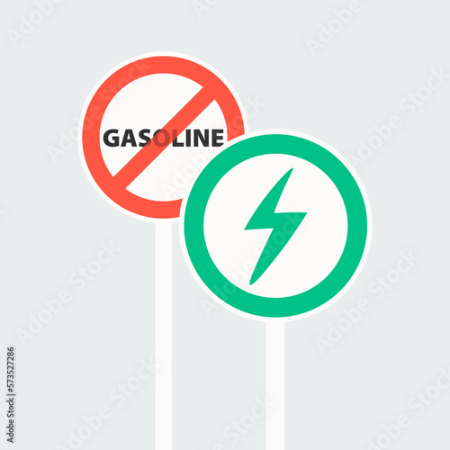 Free Download Road sign prohibiting gasoline vehicles. Red crossed out circle. Road sign giving priority to electric vehicles in a green circle. - GFXLoad