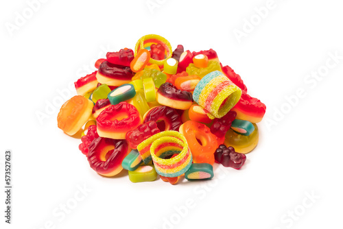 Assorted colorful gummy candies. Top view. Jelly donuts. Jelly bears. Isolated on a white background.