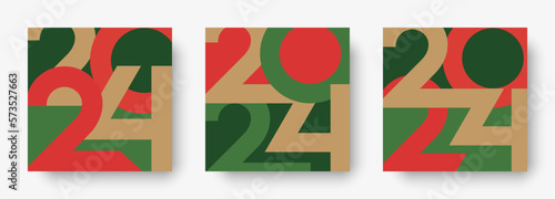 Happy New 2024 Year posters set. Typography geometric logo 2024 for branding, banner, cover, invitation card.