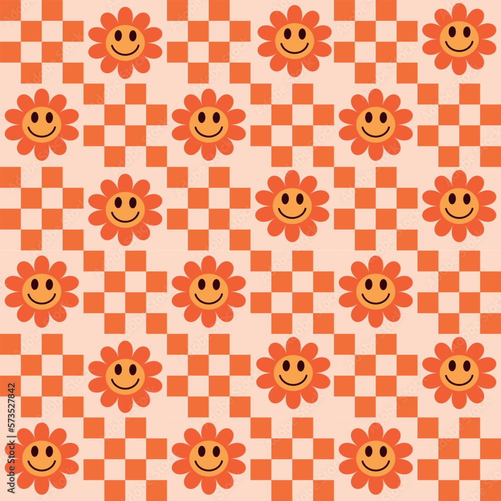 Checkered smiling orange flowers seamless pattern with little squares. For stationary, phone cases and textile. Checkered smiling orange flowers seamless pattern with little squares. For stationary, phone cases and textile.