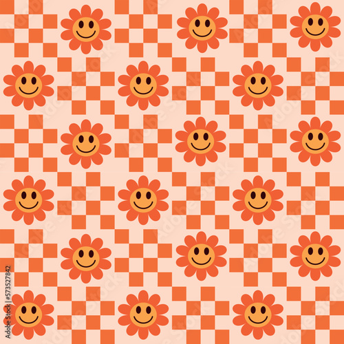 Checkered smiling orange flowers seamless pattern with little squares. For stationary, phone cases and textile. 