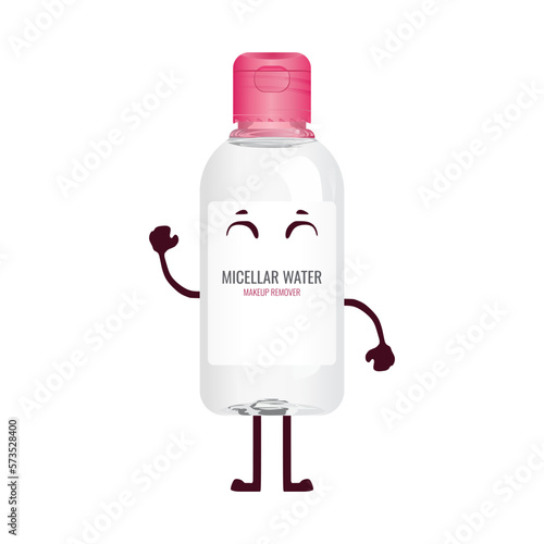 Cute makeup remover bottle character. Vector illustration in trendy flat 3d design style. Micellar water packaging with pink cap. Editable graphic resources for many purposes.