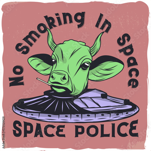A space cow with a cigarette in its mouth and a UFO