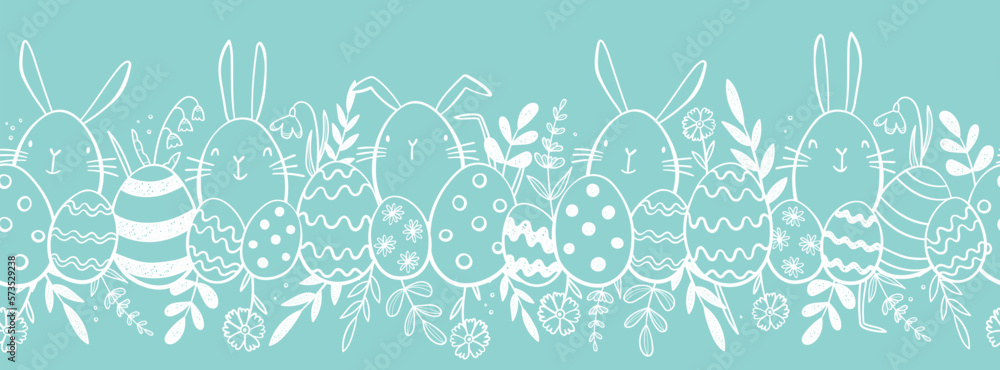 Fototapeta premium Cute hand drawn Easter horizontal seamless pattern with bunnies, flowers, easter eggs, beautiful background, great for Easter Cards, banner, textiles, wallpapers - vector design