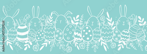 Cute hand drawn Easter horizontal seamless pattern with bunnies, flowers, easter eggs, beautiful background, great for Easter Cards, banner, textiles, wallpapers - vector design