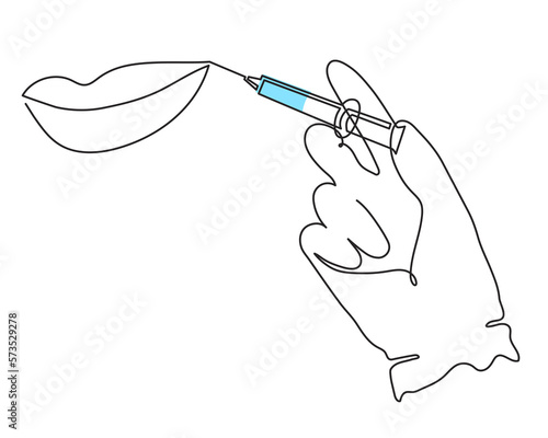 Beauty shot in lips, gloved hands holding syringe,one line art,continuous drawing contour.Treatment making mouth plump.Medical concept,injection botox dose.Editable stroke.Vector illustration