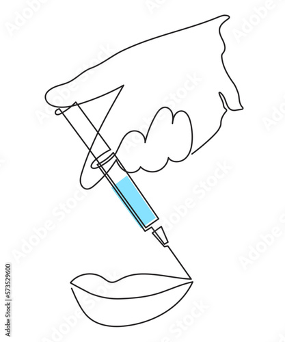 Beauty shot in lips, gloved hands holding syringe,one line art,continuous drawing contour.Treatment making mouth plump.Medical concept,injection botox dose.Editable stroke.Vector illustration