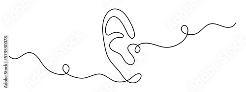 Ear one-line art, hand drawn hearing sensor feelings continuous contour, body part. World deaf day decoration, simple design. Editable stroke. Isolated. Vector illustration
