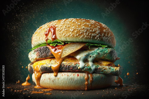 Spoiled and rotten and decayed burger with mold and bacteria infection. Unhealthy and dangerous fast food. AI generative