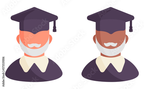 Set of adult old students on graduation day. Flat cartoon style male. Vector illustration.