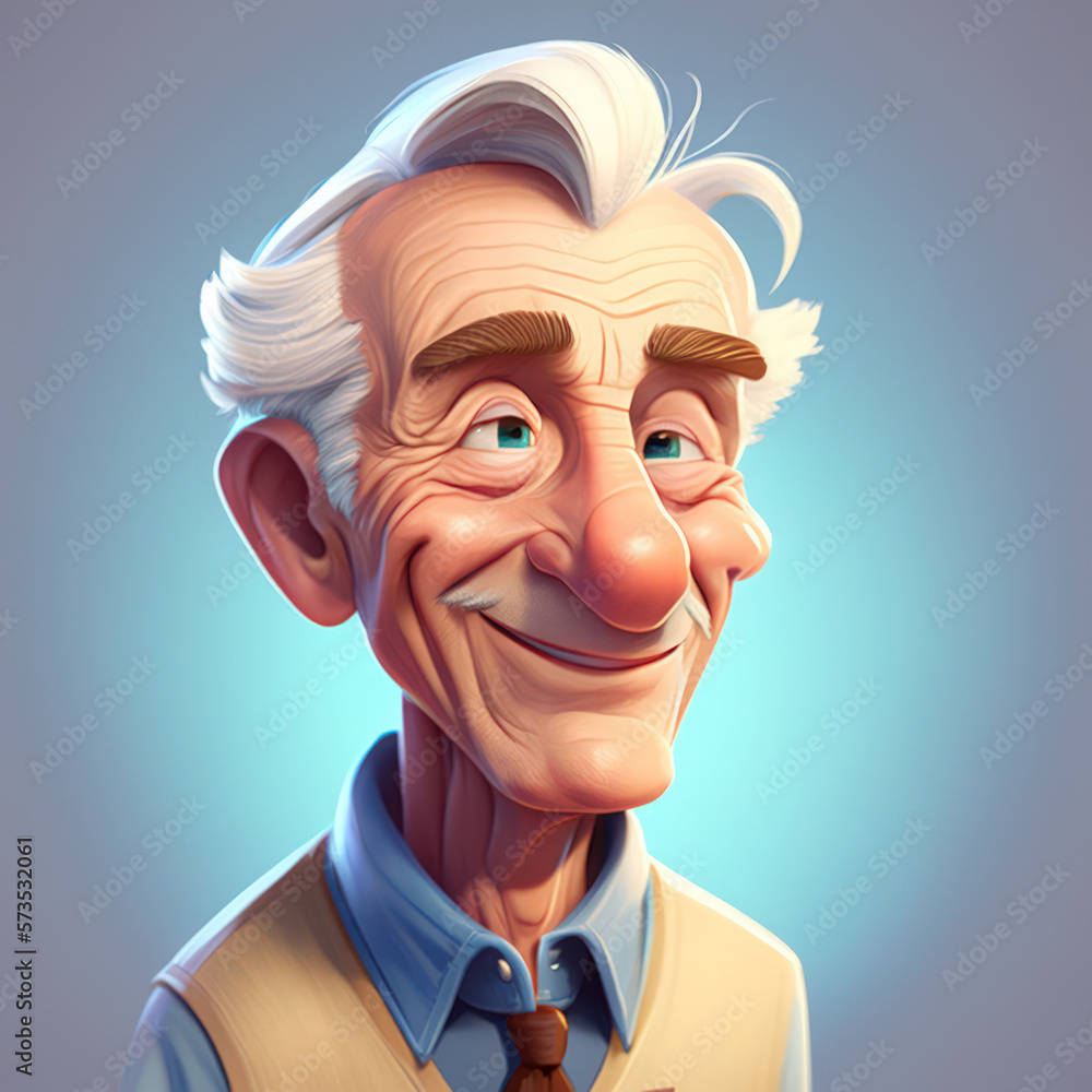 Cartoon Close up Portrait of Smiling Blonde Elegant Old Man Counselor on a Colored Background. Illustration Avatar for ui ux. - Post-processed Generative AI