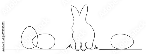 Easter bunny and eggs one line art, hand drawn paschal rabbit continuous contour.Christian holiday design, festive decoration. Editable stroke. Isolated. Vector illustration