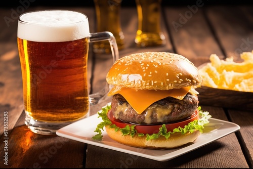 Tasty beef burger abd a glass of beer, Generative AI