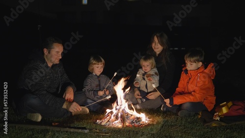 family with marshmallows at campfire  sweet  happy night