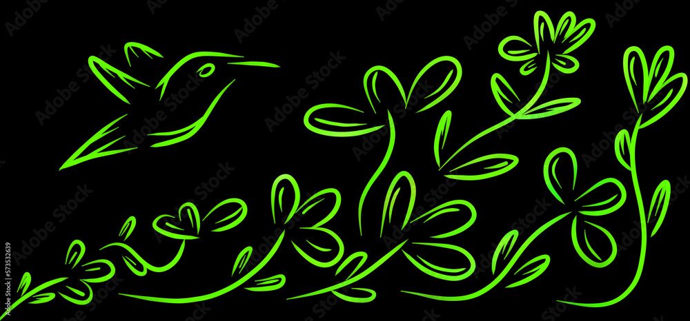 Floral spring pattern design with a flying bird on black background Floral spring pattern design with a flying bird on black background
