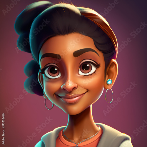Cartoon Close up Portrait of Smiling South Asian Woman on a Colored Background. Illustration Avatar for ui ux. - Post-processed Generative AI