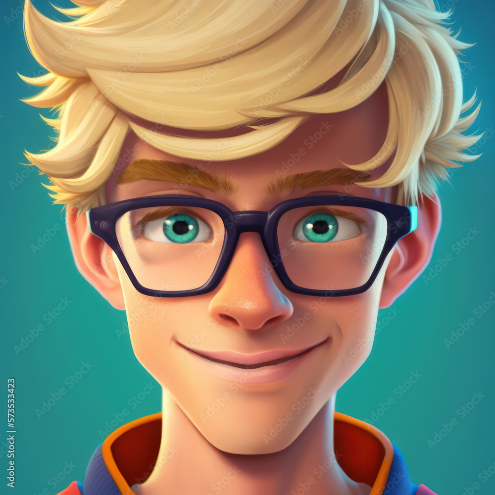Cartoon Close up Portrait of Smiling Blonde Radiant Teenager Boy with Glasses on a Colored Background. Illustration Avatar for ui ux. - Post-processed Generative AI Cartoon Close up Portrait of Smiling Blonde Radiant Teenager Boy with Glasses on a Colored Background. Illustration Avatar for ui ux. - Post-processed Generative AI