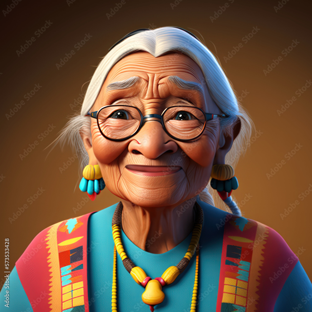 Cartoon Close up Portrait of Smiling Native American Classy Senior Woman Social Worker on a Colored Background. Illustration Avatar for ui ux. - Post-processed Generative AI