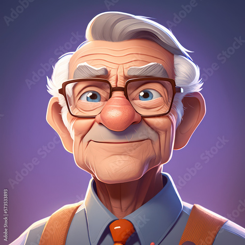 Cartoon Close up Portrait of Smiling Caucasian Intelligent Senior Man Data Analyst on a Colored Background. Illustration Avatar for ui ux. - Post-processed Generative AI