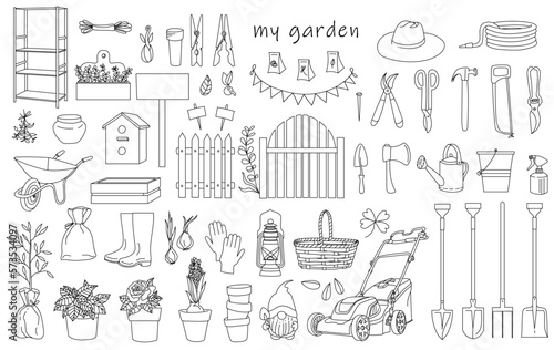 Vector illustration set. Sketchy elements collection on the theme of gardening, garden tools, agriculture, harvest