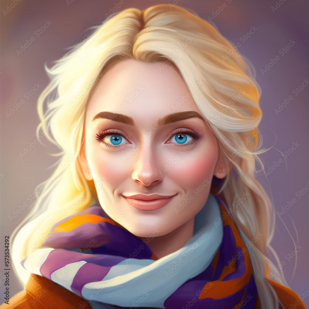 Cartoon Close up Portrait of Smiling Blonde Gorgeous Young Woman with a Scarf on a Colored Background. Illustration Avatar for ui ux. - Post-processed Generative AI Cartoon Close up Portrait of Smiling Blonde Gorgeous Young Woman with a Scarf on a Colored Background. Illustration Avatar for ui ux. - Post-processed Generative AI