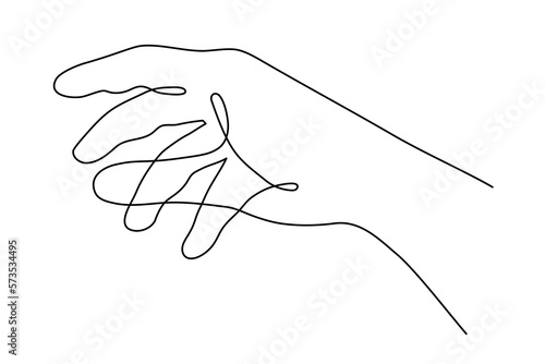 Hand one-line art, hand drawn continuous contour. Palm with fingers gesturing, drawing single line style, minimalist design. Editable stroke. Isolated. Vector illustration