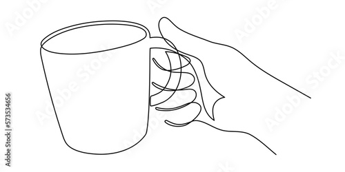 Hand holds tea coffee cup one-line art, hand drawn palm with mug continuous contour. Delicious flavored drink. Editable stroke. Isolated. Vector illustration