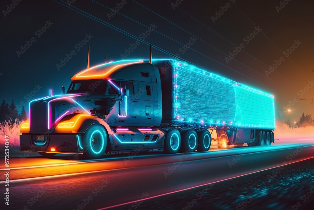 illustration, a truck with neon lights and a cargo trailer driving at night on the highway, ai generative