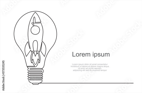 Continuous one single line drawing of Rocket launching to space with light bulb, launching a creative idea, a scientific invention or a research light bulb, starting a new business.