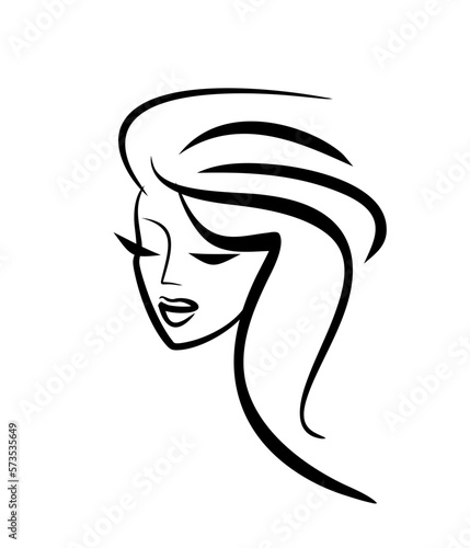 Beauty salon logo. Face girl icon. Barber woman haircut emblem. Beautiful long fluffy hair.