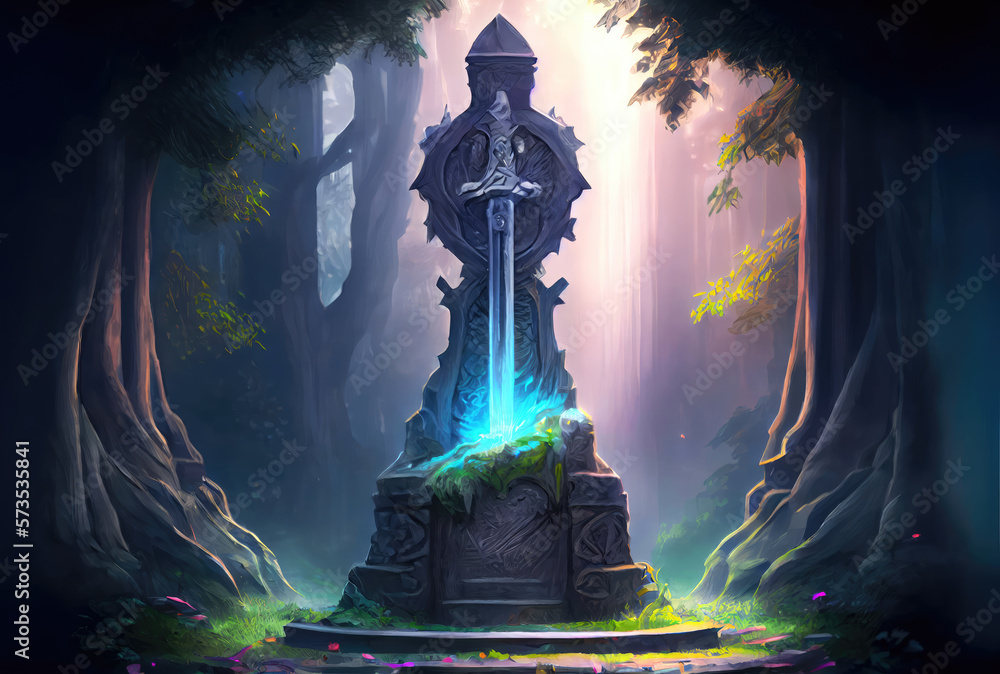 Sword in the stone pedestal. Fantasy and items concept. Generative AI Sword in the stone pedestal. Fantasy and items concept. Generative AI