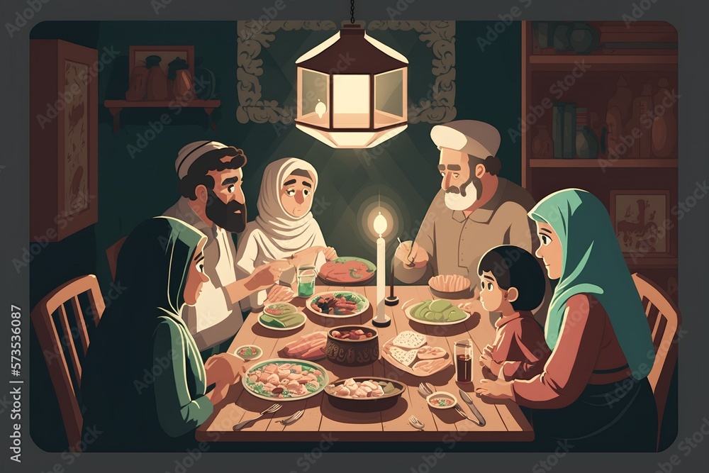 muslim family having dinner together, Generative AI