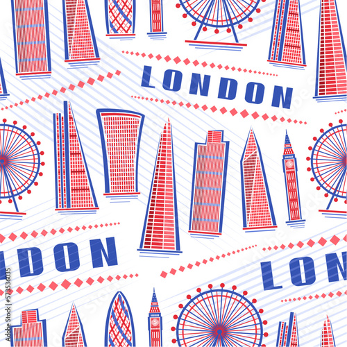 Vector London Seamless Pattern, repeating background with illustration of red european london city scape on white background for wrapping paper, decorative line art urban poster with blue text london