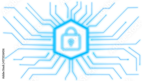 Cybersecurity overlay transparent background. Blue padlock with connections and wires around for technology concept. Encrypted password vault without background for compositing