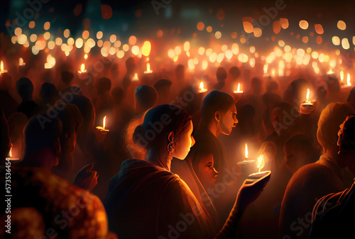 Indian crowd people in the Diwali the festival of lights in the night with candle lights fireworks and mosque background. Generative AI