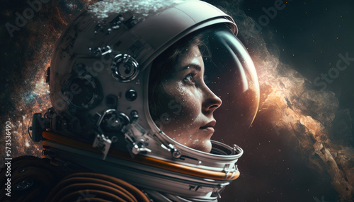 Close up portrait of a female astronaut in space created using Generative AI.