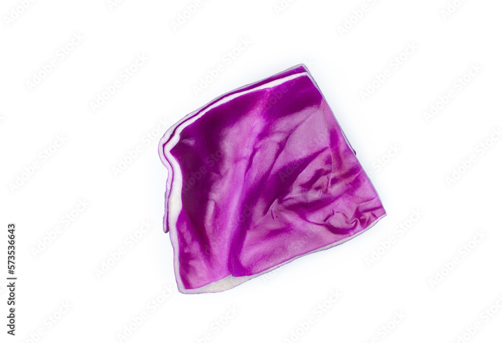 Fototapeta premium Purple or red cabbage leaf isolated on a white background. Top view, flat lay.