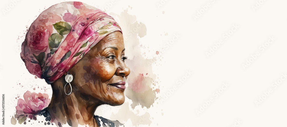 Black woman with a pink headscarf watercolor painting banner created using Generative AI. Cancer concept. - obrazy, fototapety, plakaty 