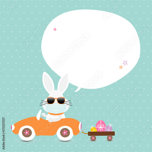 Weißer Osterhase Sonnenbrille Maske Auto Sprechblase Punkte Türkis